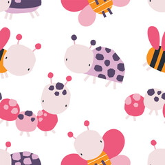 Fototapeta premium Vector seamless pattern with cute insects. Ladybug, caterpillar, butterfly, bee, beetle. Creative kids texture for fabric, wrapping, textile, wallpaper. Nursery. Scandinavian style.