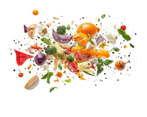 Vibrant Colorful Food Ingredients Flying in Air on Transparent Backgrounds  Description:A dynamic