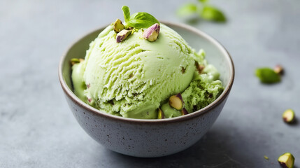 Obraz premium Pistachio Ice Cream in Bowl with Nuts and Basil