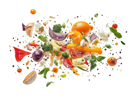 Vibrant Colorful Food Ingredients Flying in Air on Transparent Backgrounds  Description:A dynamic