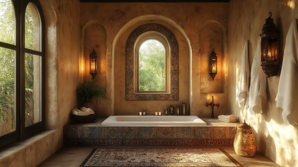 Bathroom Interior with Bathtub and Mirror 3D Render..