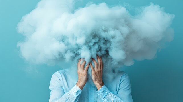 Man with his head engulfed in fog or smoke - brain fog, burnout, mental health problems