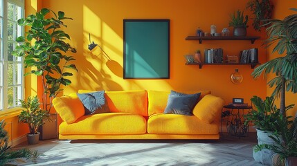Vibrant living room interior showcasing a yellow sofa and leafy houseplants