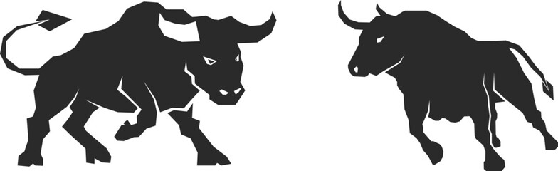 Bull images set. Bull logo designs set, Stylized silhouettes of standing in different poses and butting up bulls. Isolated on white background.  Vector illustration for any kind of graphic design.