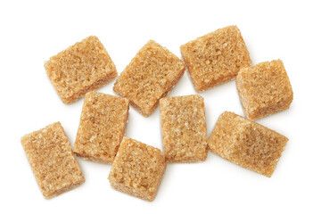 brown sugar cubes isolated on white background. Top view, flat lay