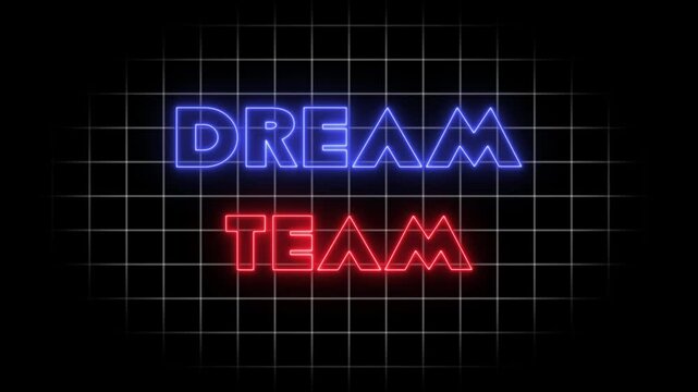 Dream team neon shiny typography on grid background. shiny blue pink red and green alphabet glowing animation.