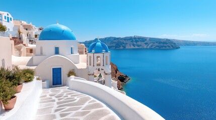 Fototapeta premium Picturesque Greek village showcasing whitewashed homes and stunning blue-domed churches overlooking a tranquil sea
