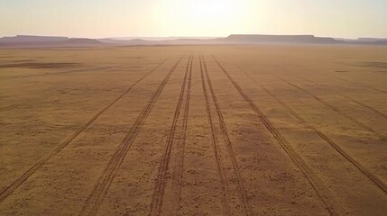 Naklejka premium Desert landscape with parallel tire tracks. Vast, golden expanse stretching to horizon