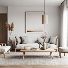 A modern living room featuring natural light and simple furniture