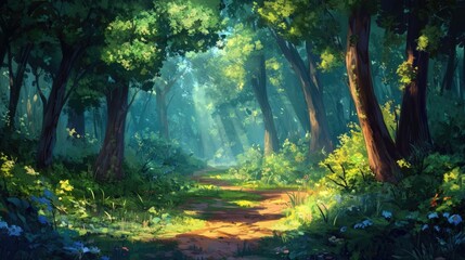 Naklejka premium Sunlit Forest Path: A Digital Painting of Tranquil Nature