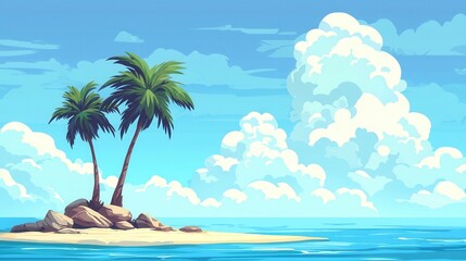 Obraz premium Tropical Island Paradise Palm Trees Ocean and Fluffy Clouds