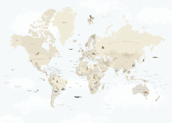 map with names of countries in English, animals of the area, and monuments, decoration for children © csinie1