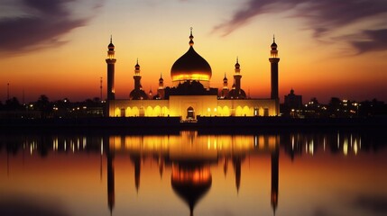 Beautiful Islamic Mosque Reflecting In The Water During Sunset