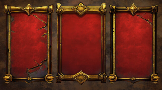 Game buttons with fantasy gold frames. Vector cartoon set of empty old red banners with fancy golden borders. Rpg game user interface elements isolated on background