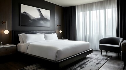 Luxury Hotel Bedroom Interior in Black and White 3D Render..