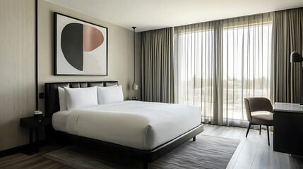 Modern Bedroom Interior Design 3D Render Concept of a Hotel Room..