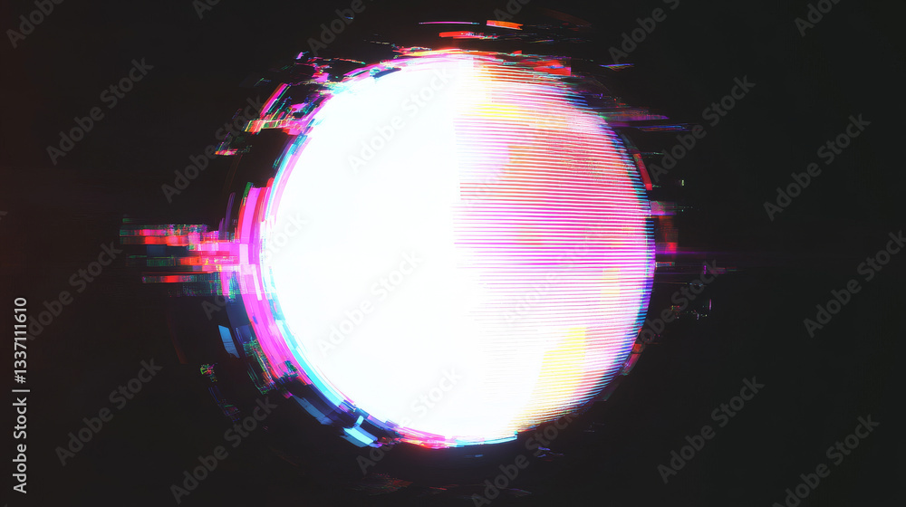 Poster neon glowing circle frame with glitch effect on black background. realistic vector illustration set 