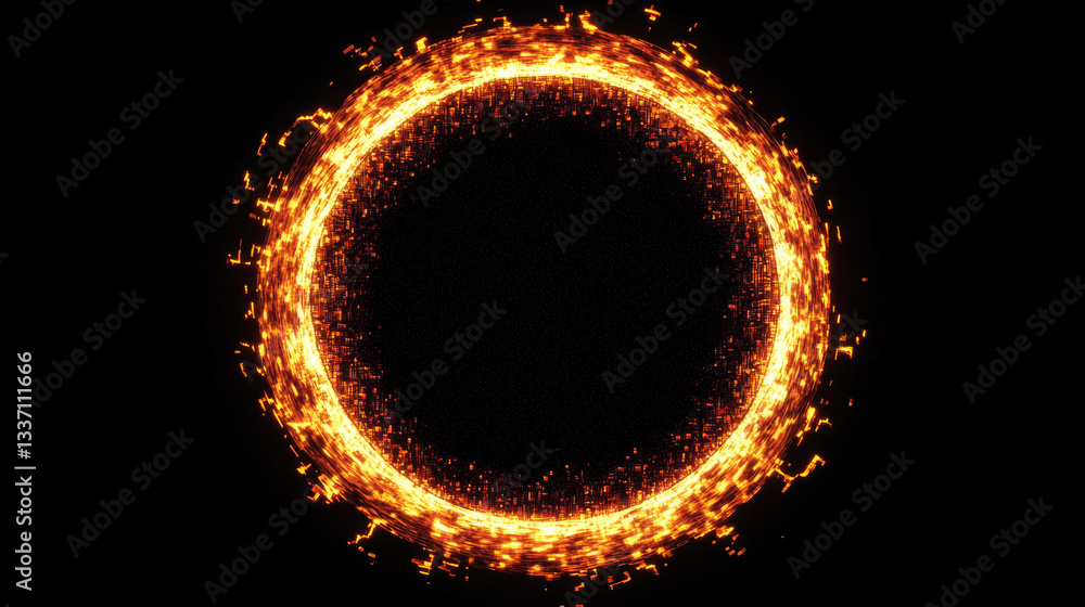 Poster neon glowing circle frame with glitch effect on black background. realistic vector illustration set 