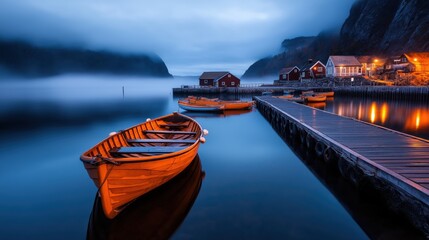 Sunrise over a tranquil fishing village with wooden boats moored and gentle mist on the water