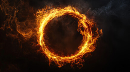 Abstract fire ring isolated on black background. Vector realistic illustration of circular sign with flame border, orange sparkles and neon smoke glowing in darkness, magic energy effect, hell symbol