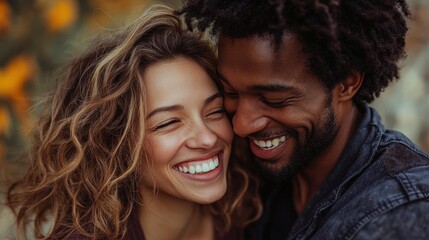Fototapeta premium Happy Interracial Couple Smiling Close Up Portrait Romantic Relationship Love