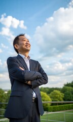 Confident middle-aged businessman smiling at the camera, standing outdoors with arms crossed. (Business)