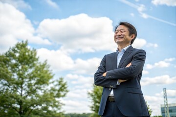 Confident middle-aged businessman smiling at the camera, standing outdoors with arms crossed. (Business)