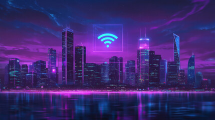 Obraz premium 5G network technology, isometric concept vector illustration. Tall city buildings with 5G symbol wireless internet isolated on ultraviolet background. High speed internet web page