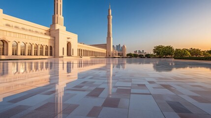 Obraz premium Architectural grandeur with minarets and reflecting surfaces against clear skies