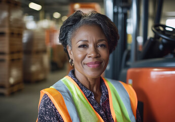 Brightly smiling middle-aged Black woman in a safety vest poses confidently inside a busy warehouse surrounded by stacked pallets