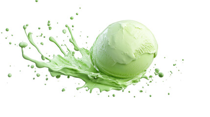 Green Ice cream scoop or ball with splash isolated on white background