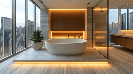 Luxury Bathroom with White Bathtub Panoramic Window and City View 3D Rendering..