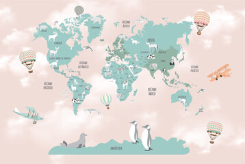 Illustrated World Map with Native Animals and Country Names in Spanish – Wildlife of Each Continent – Polar Bears, Kangaroos, Pandas, Whales & More – Educational Vector for Kids, Posters & Geography  © csinie1
