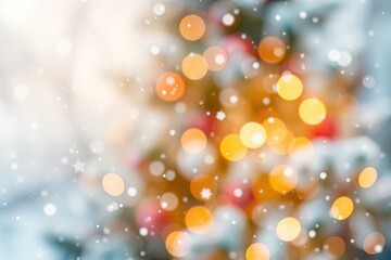 Warm lights and soft snowflakes create a cozy winter atmosphere during the holiday season