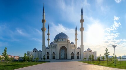 Naklejka premium The large beautiful mosque building is standing in a sunlit landscape