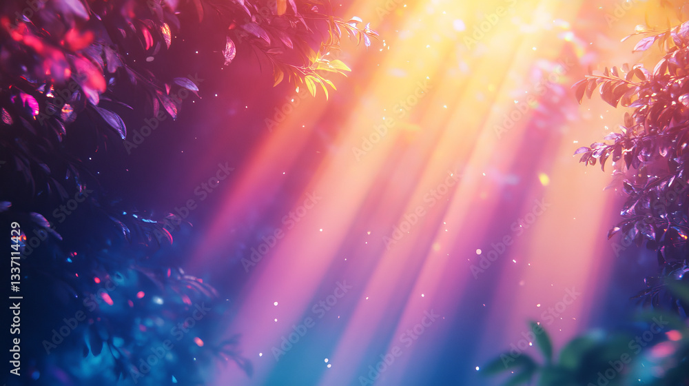 Poster light background with rays and rainbow spectrum flare on transparent layout. colorful beams fall fro