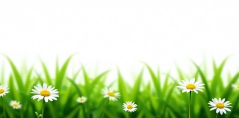 Green grass with delicate white daisies, stark white backdrop Close-up view , green, bright, flora