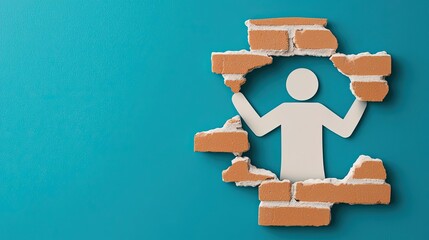 Symbolic representation of breaking down barriers, showing a figure emerging through a wall, conveying resilience and empowerment.