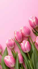 Fototapeta premium Pink Tulip Flowers on Soft Pastel Background with Copy Space – Elegant Spring Floral Border for Greeting Cards, Invitations, Mother's Day, or Wedding Designs