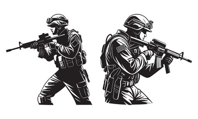 Silhouette vector set of an American soldier holding a gun. On white background