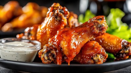 Naklejka premium A plate of spicy chicken wings served with a side of ranch dressing and lettuce, showcasing a delicious and mouthwatering appetizer.