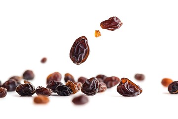 Fototapeta premium Falling Raisins – Dried Fruit in Motion Isolated on White Background