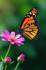 Fototapeta premium Monarch butterfly feeding on bright purple flower , color, wings, summer