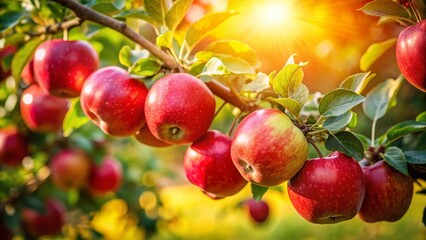 Obraz premium Juicy Red Apples Ripening on a Branch - Autumn Harvest Stock Photo