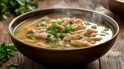 A steaming bowl of chicken soup garnished with fresh herbs, served on a rustic wooden surface.