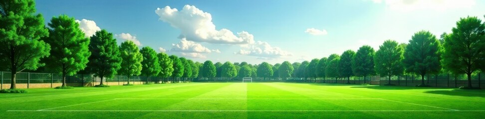Naklejka premium Panoramic view, lush green football field, ample copy space , landscape, blank