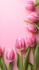 Fototapeta premium Pink Tulip Flowers on Soft Pastel Background with Copy Space – Elegant Spring Floral Border for Greeting Cards, Invitations, Mother's Day, or Wedding Designs