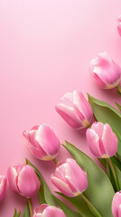 Obraz premium Pink Tulip Flowers on Soft Pastel Background with Copy Space – Elegant Spring Floral Border for Greeting Cards, Invitations, Mother's Day, or Wedding Designs