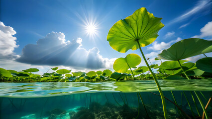 Sun-drenched Lotus Leaves Serenely Floating On Crystal-clear Water Under A Vibrant Summer Sky, Showcasing Natures Tranquil Beauty