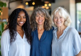 Three women of diverse ages are smiling and sharing a happy moment in a well-lit indoor location